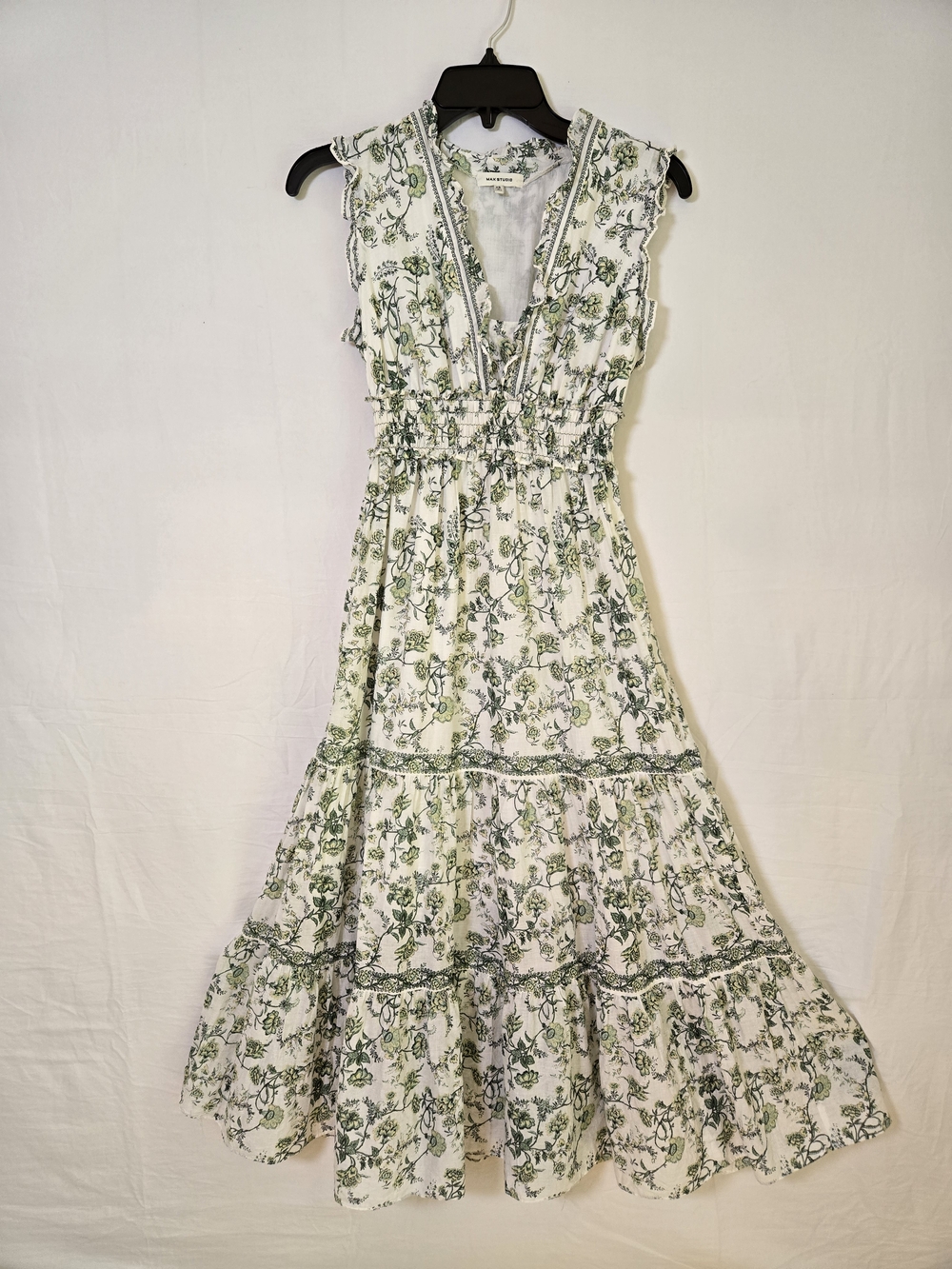 Max Studio White Midi Dress with Green Botanical Print
